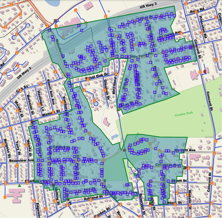 A map of a Nashua neighborhood showing the flushing area from Henri Burque Hwy. south to Lee St. and Stark St. From Burnside St. east to Concord St.