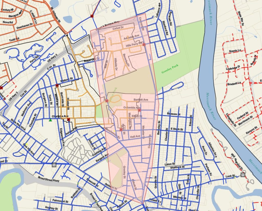 Image of a Nashua neighborhood showing flushing area from Manchester St. east to Concord St. and from Henri Burque Hwy. south to Amherst St.