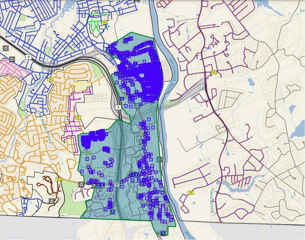 Image of a Nashua neighborhood showing flushing area from Fairway St. south to the MA border. From Research Dr. east to the Merrimack River.